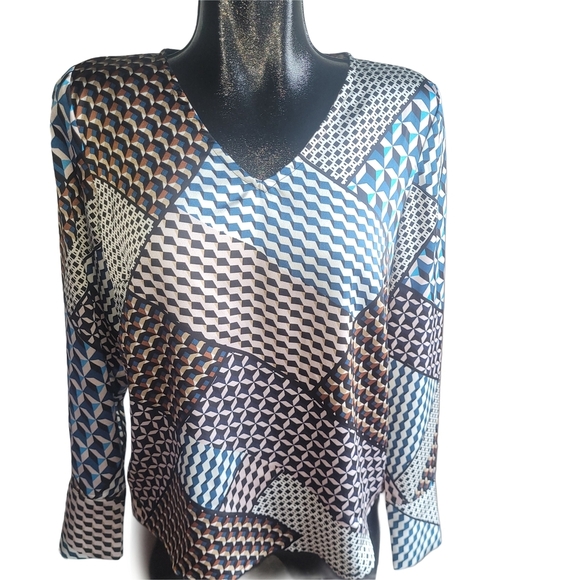 Kaffe Tops - Kaffe Geometric Patchwork Look Patterned V-Neck Blouse 36